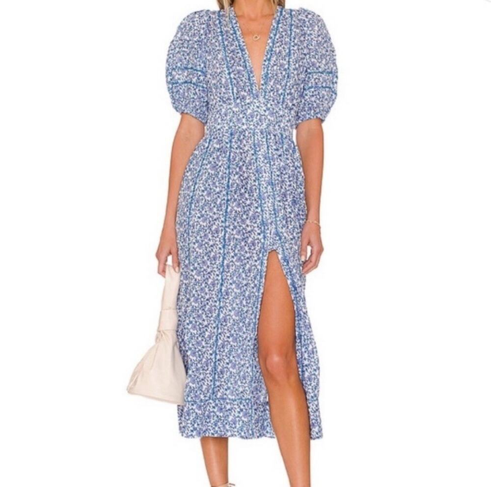 Poupette St Barth Rein MIDI Dress Floral Swiss Dot Medium Boho Puff Sleeve F16